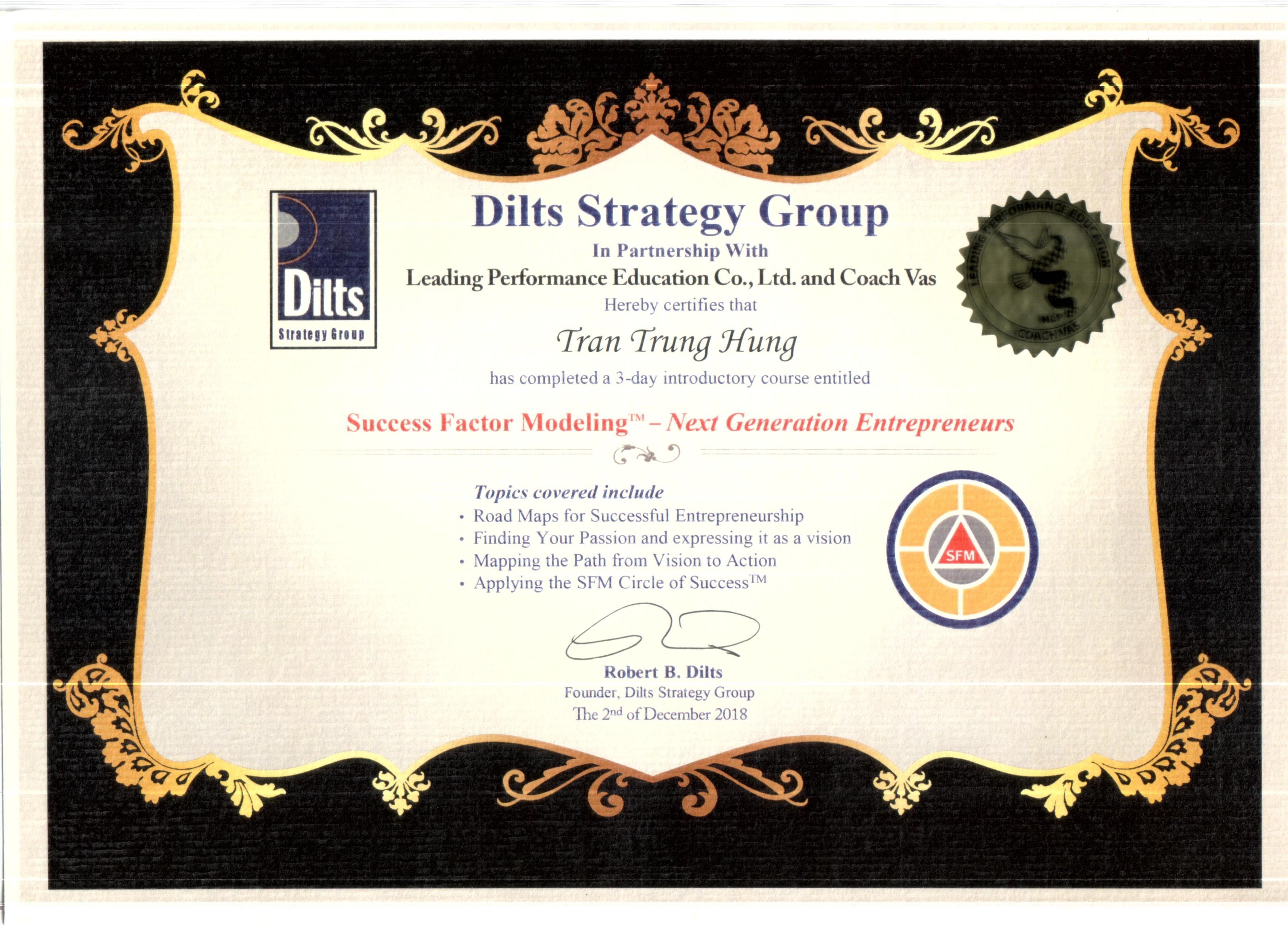 Chứng chỉ Mô hình nhân tố thành công – Thương gia thế hệ mới - Dilts Strategy Group (Hoa Kỳ)